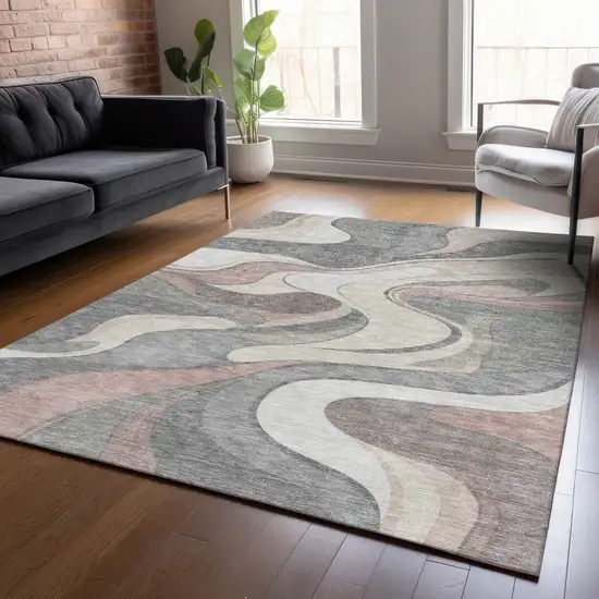 Beige And Gray Abstract Washable Indoor Outdoor Area Rug Photo 9