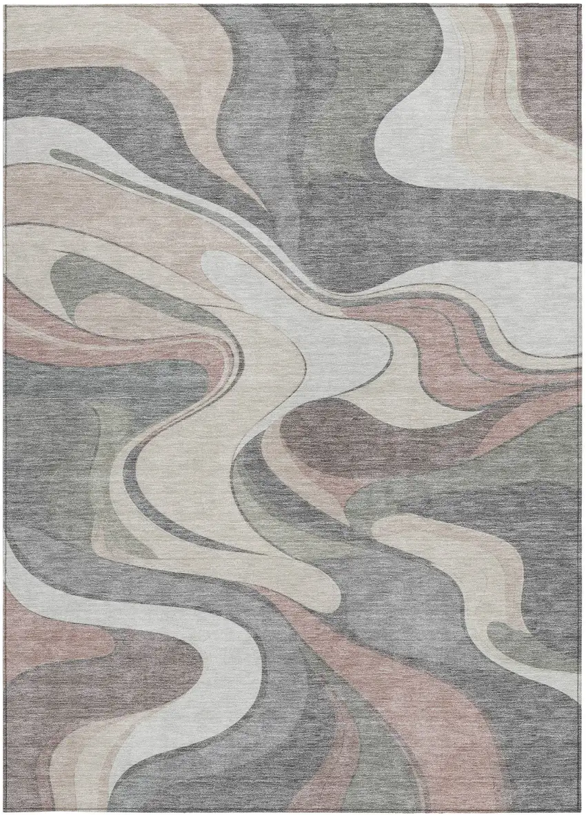 Beige And Gray Abstract Washable Indoor Outdoor Area Rug Photo 1