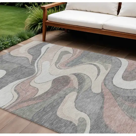 Beige And Gray Abstract Washable Indoor Outdoor Area Rug Photo 2