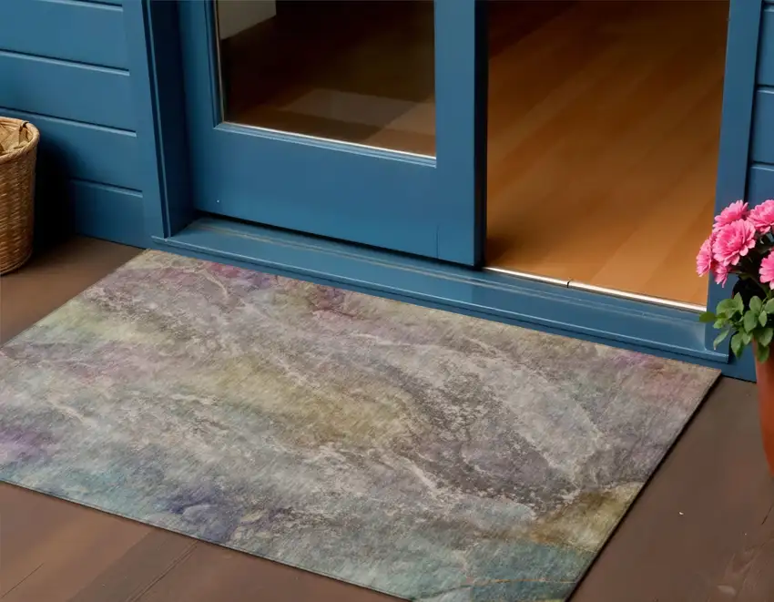 Beige And Gray Abstract Washable Indoor Outdoor Area Rug Photo 1