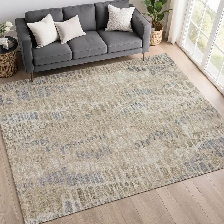 Beige And Gray Abstract Washable Indoor Outdoor Area Rug Photo 5