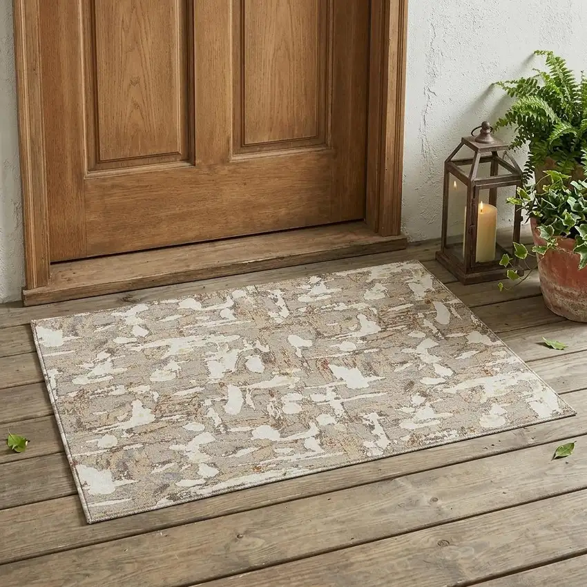 Beige And Gray Abstract Washable Indoor Outdoor Area Rug Photo 1