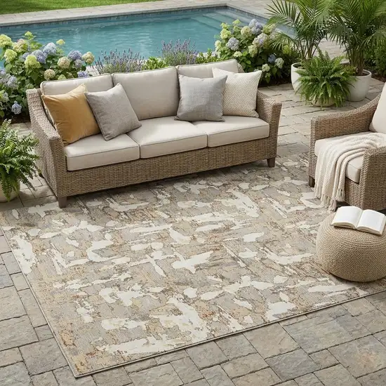Beige And Gray Abstract Washable Indoor Outdoor Area Rug Photo 1