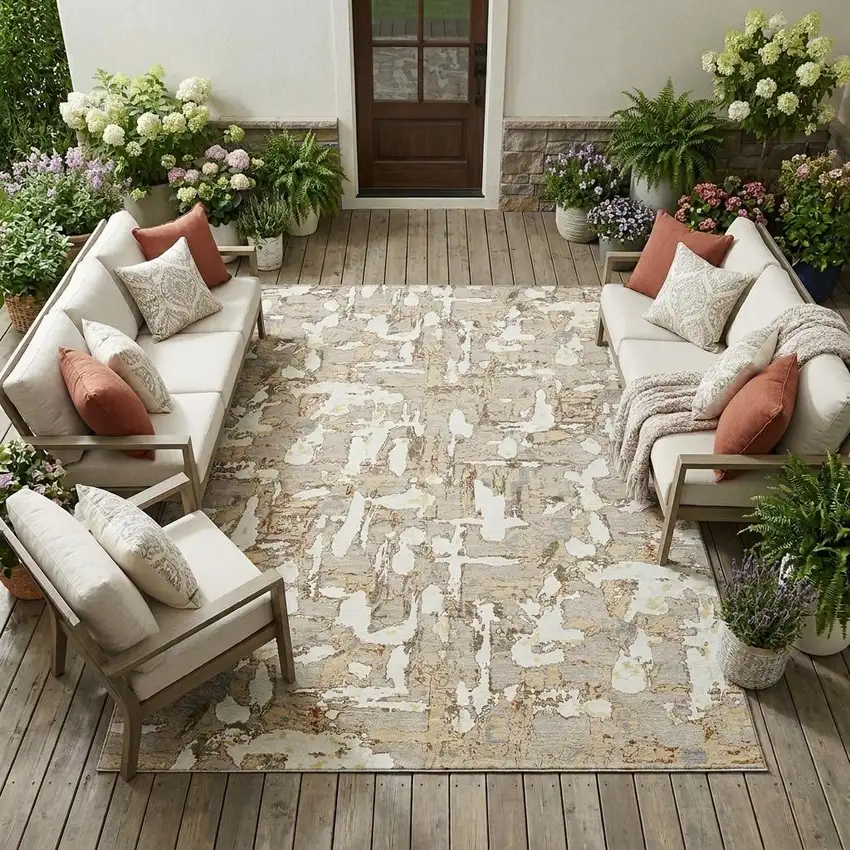 Beige And Gray Abstract Washable Indoor Outdoor Area Rug Photo 1