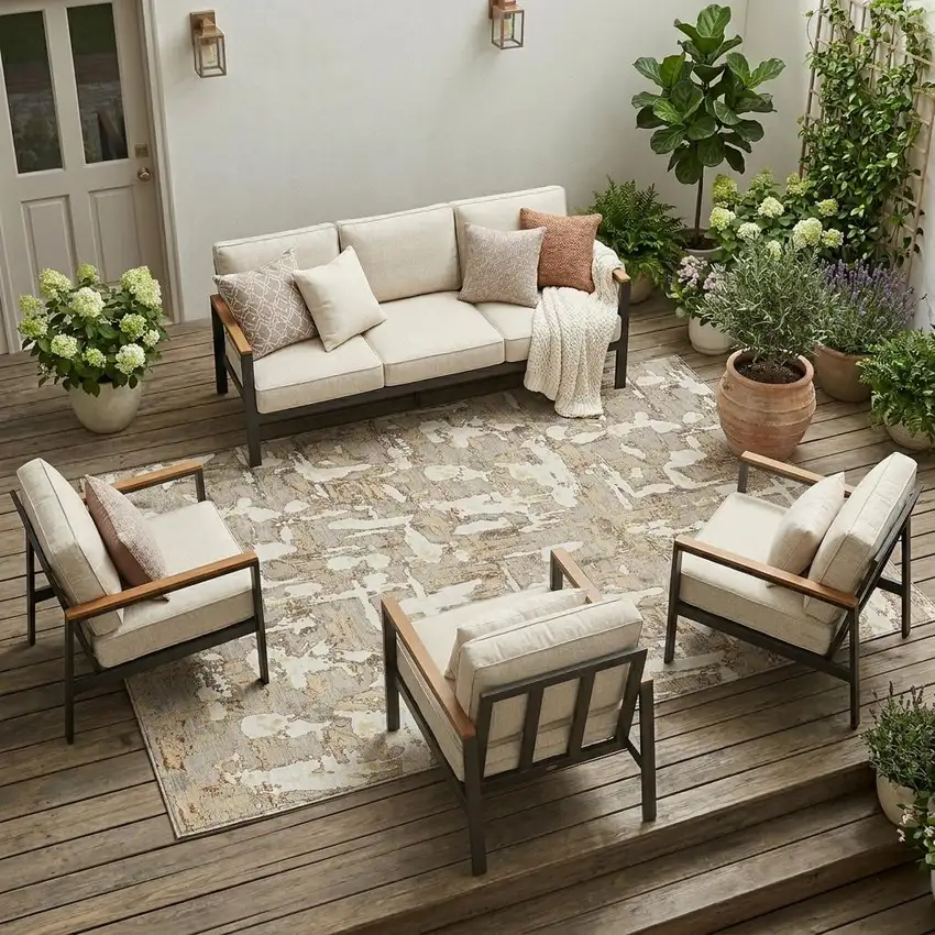 Beige And Gray Abstract Washable Indoor Outdoor Area Rug Photo 1