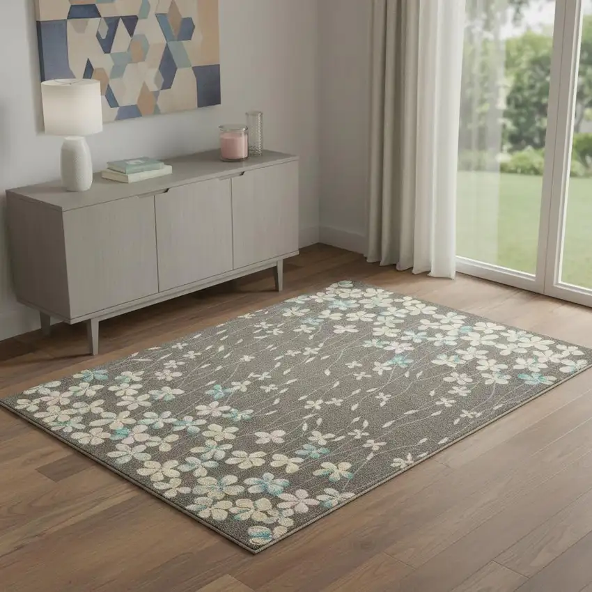 Beige And Gray Botanical Leaves Area Rug Photo 1