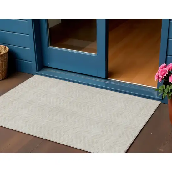 Beige And Gray Chevron Washable Indoor Outdoor Area Rug Photo 1