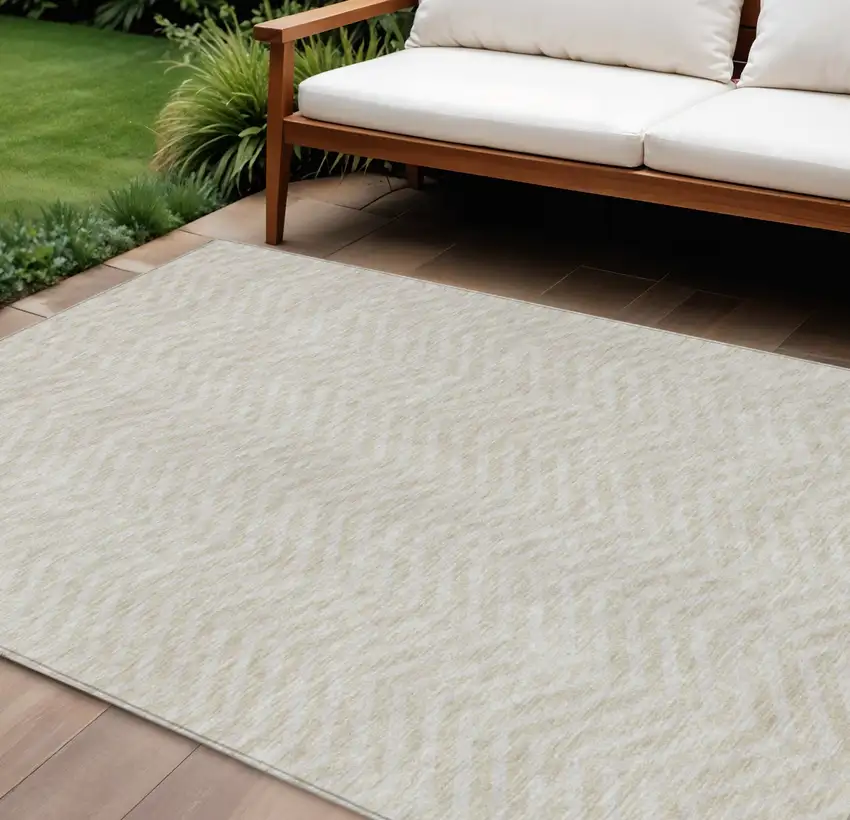 Beige And Gray Chevron Washable Indoor Outdoor Area Rug Photo 1