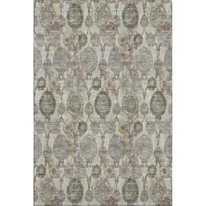 Photo of Beige And Gray Damask Washable Area Rug With UV Protection