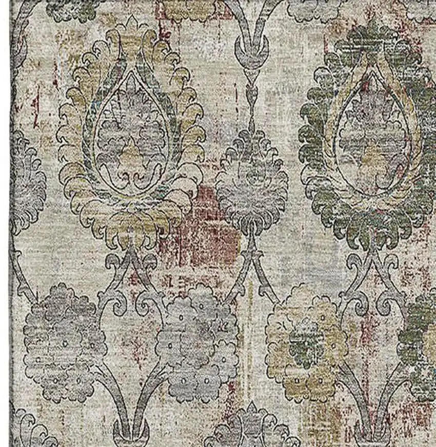 Beige And Gray Damask Washable Area Rug With UV Protection Photo 4