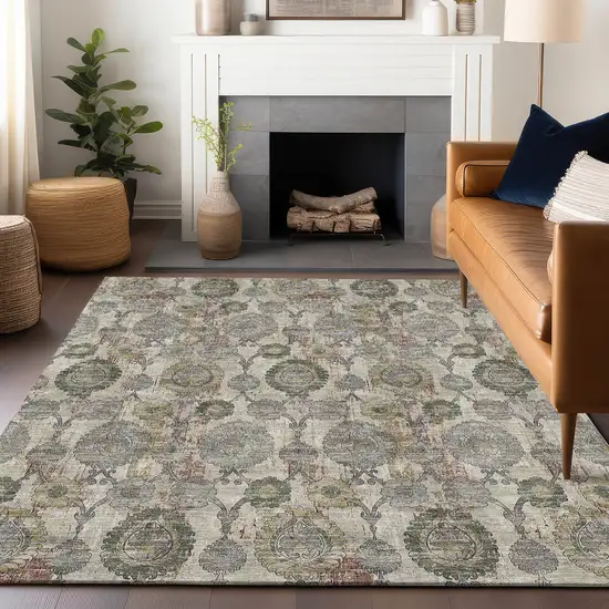 Beige And Gray Damask Washable Area Rug With UV Protection Photo 6