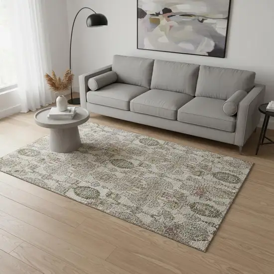 Beige And Gray Damask Washable Area Rug With UV Protection Photo 2