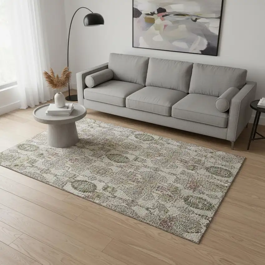 Beige And Gray Damask Washable Area Rug With UV Protection Photo 2