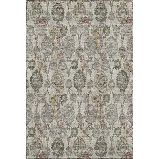 Beige And Gray Damask Washable Area Rug With UV Protection Photo 1