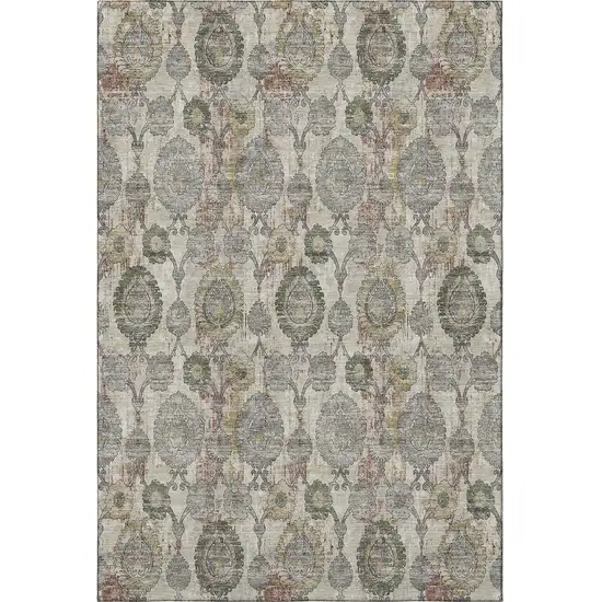 Beige And Gray Damask Washable Area Rug With UV Protection Photo 4