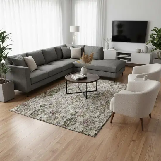 Beige And Gray Damask Washable Area Rug With UV Protection Photo 2