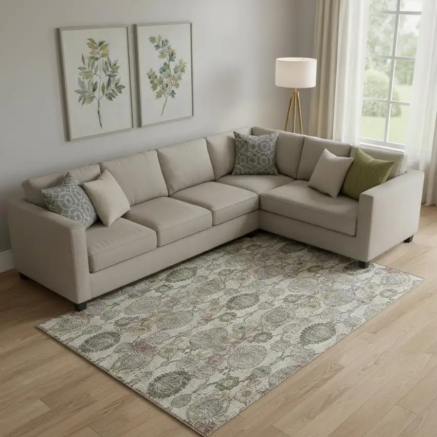 Beige And Gray Damask Washable Area Rug With UV Protection Photo 1