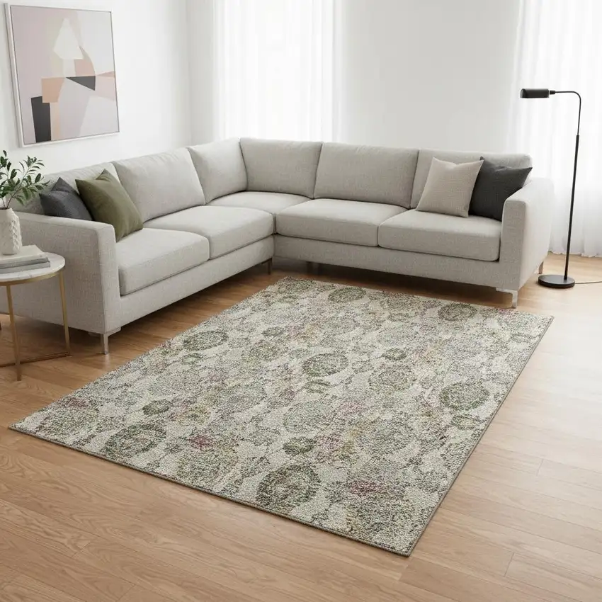 Beige And Gray Damask Washable Area Rug With UV Protection Photo 2