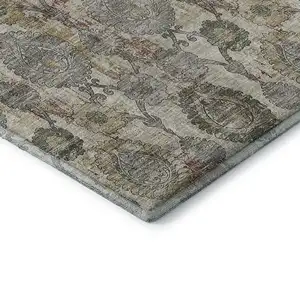 Photo of Beige And Gray Damask Washable Area Rug With UV Protection