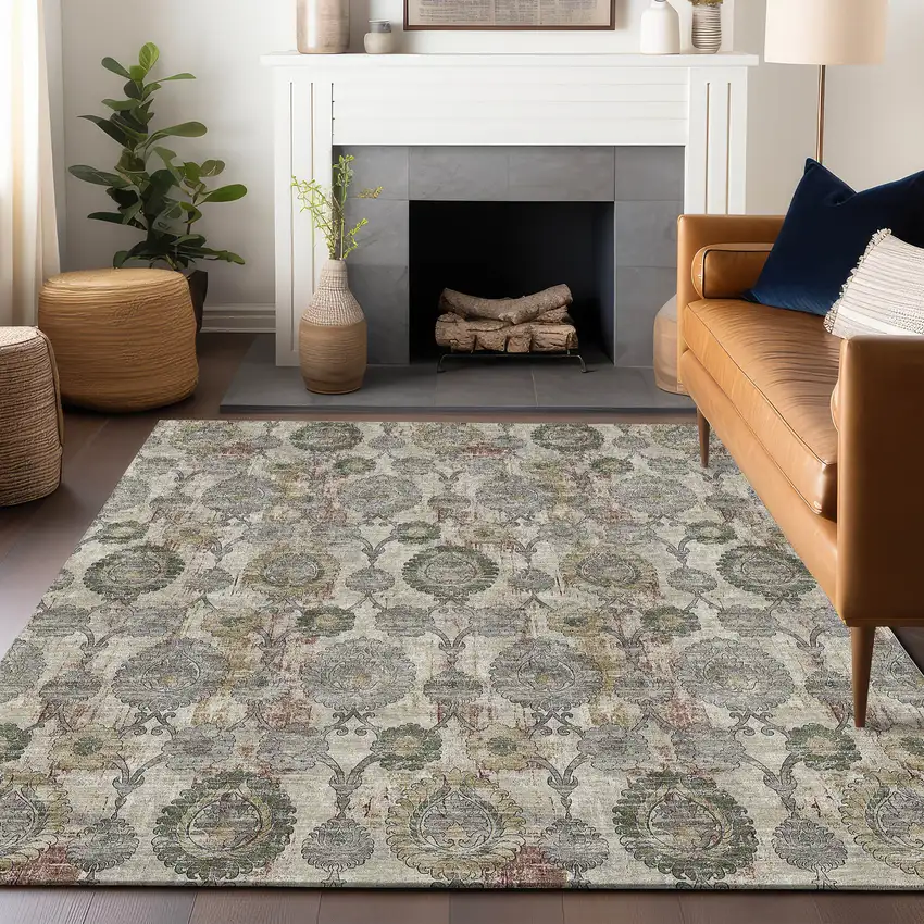 Beige And Gray Damask Washable Area Rug With UV Protection Photo 6