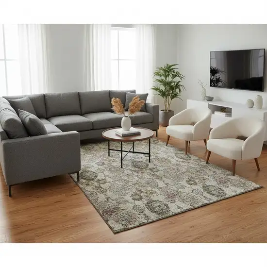 Beige And Gray Damask Washable Area Rug With UV Protection Photo 2