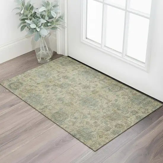 Beige And Gray Damask Washable Area Rug With UV Protection Photo 2
