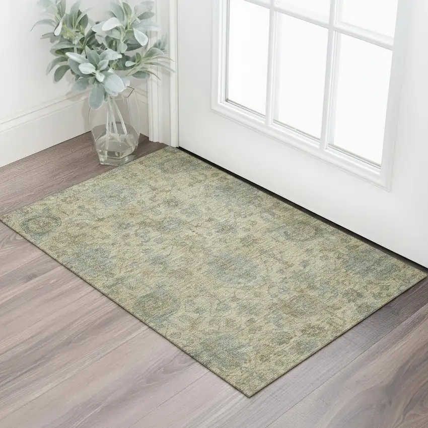 Beige And Gray Damask Washable Area Rug With UV Protection Photo 2