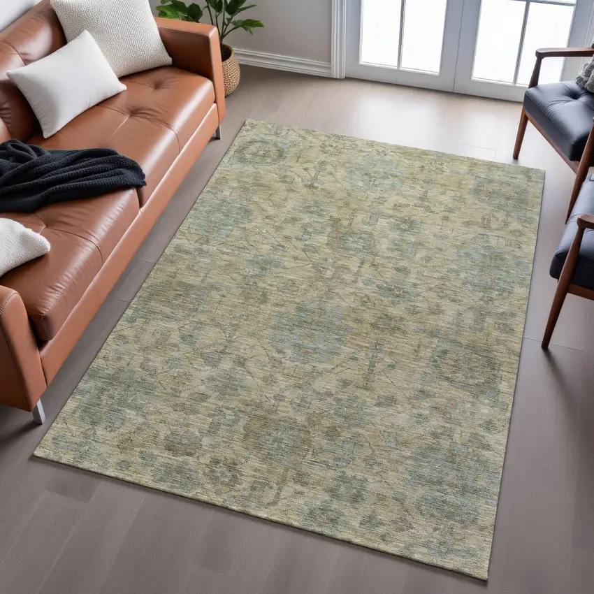 Beige And Gray Damask Washable Area Rug With UV Protection Photo 5