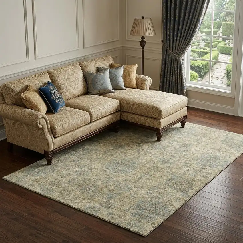 Beige And Gray Damask Washable Area Rug With UV Protection Photo 1