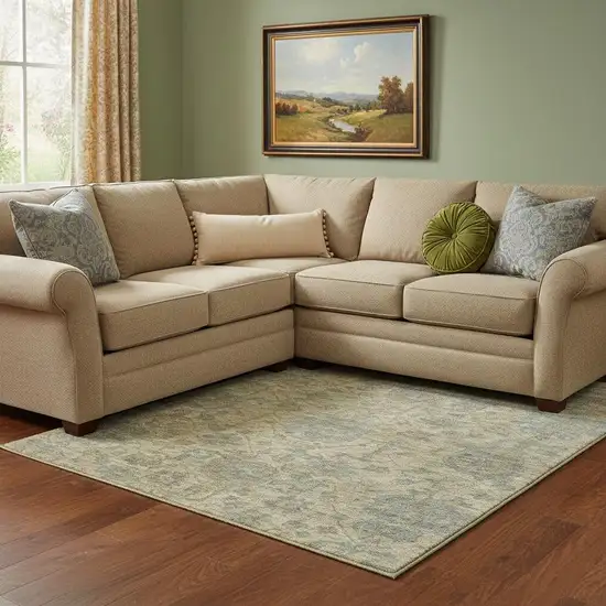 Beige And Gray Damask Washable Area Rug With UV Protection Photo 2