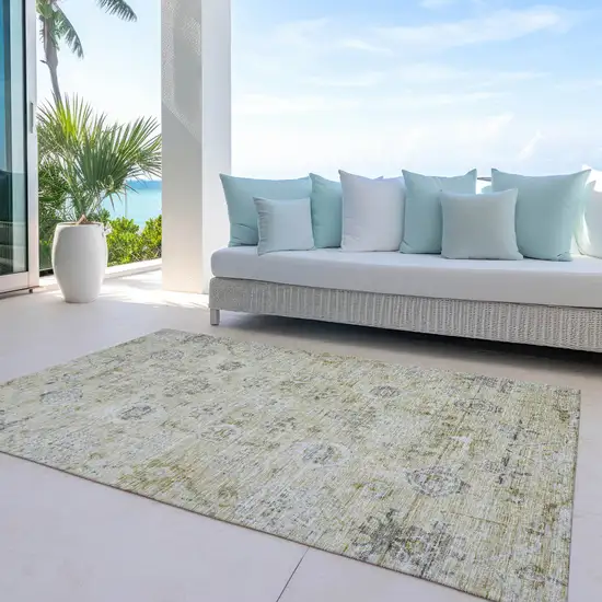 Beige And Gray Damask Washable Indoor Outdoor Area Rug Photo 7