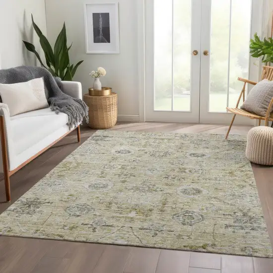 Beige And Gray Damask Washable Indoor Outdoor Area Rug Photo 9