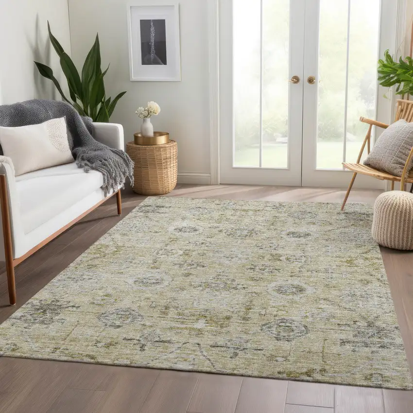 Beige And Gray Damask Washable Indoor Outdoor Area Rug Photo 9