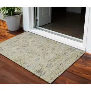 Photo of Beige And Gray Damask Washable Indoor Outdoor Area Rug