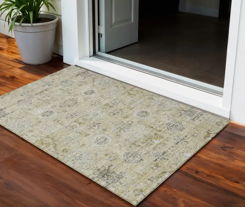 Beige And Gray Damask Washable Indoor Outdoor Area Rug Photo 1