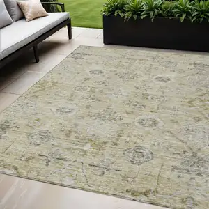 Photo of Beige And Gray Damask Washable Indoor Outdoor Area Rug