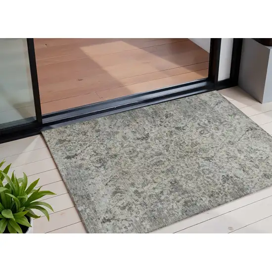 Beige And Gray Damask Washable Indoor Outdoor Area Rug Photo 1