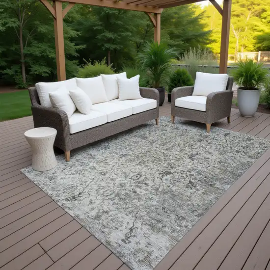 Beige And Gray Damask Washable Indoor Outdoor Area Rug Photo 6