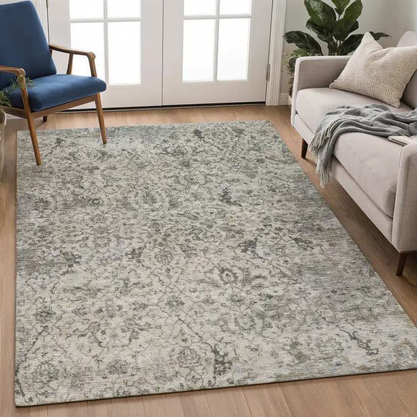 Beige And Gray Damask Washable Indoor Outdoor Area Rug Photo 3
