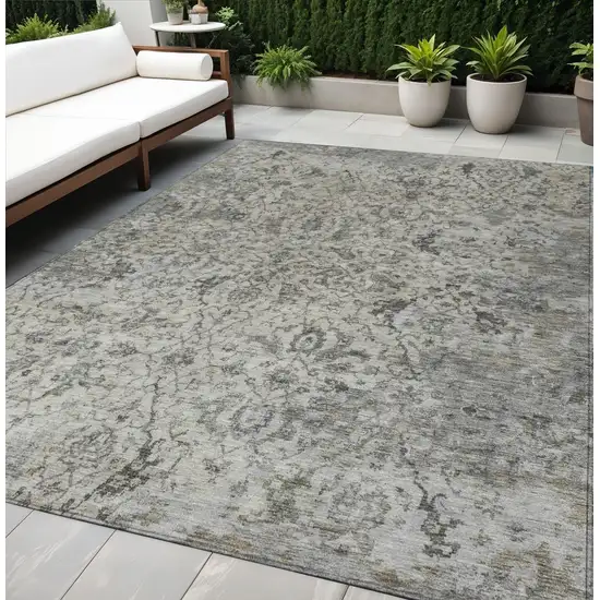 Beige And Gray Damask Washable Indoor Outdoor Area Rug Photo 1