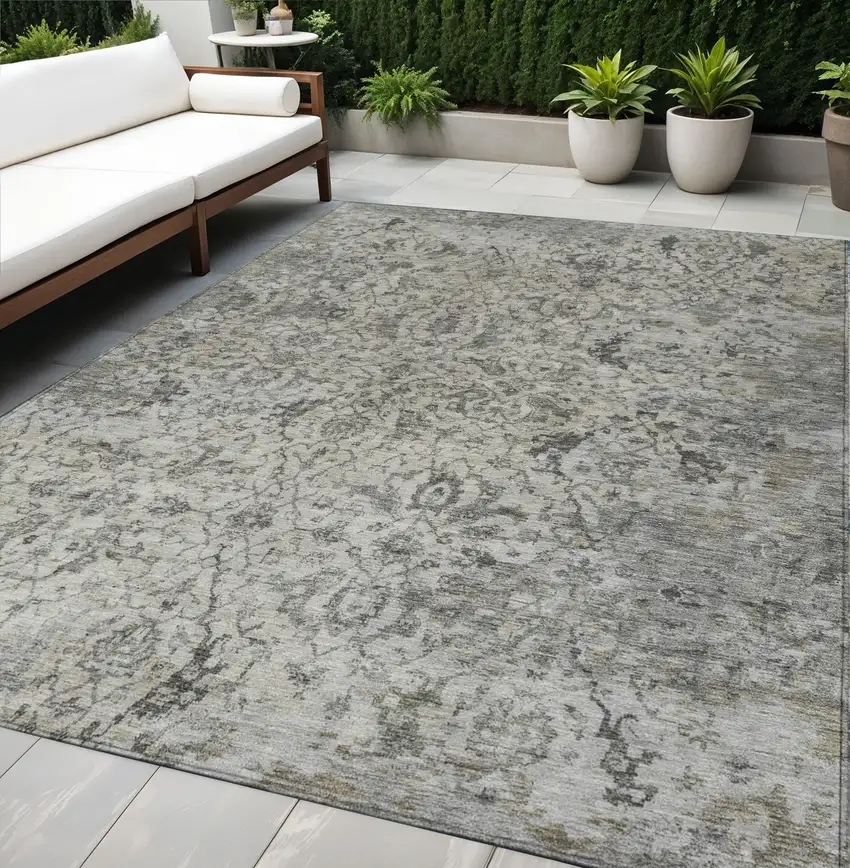 Beige And Gray Damask Washable Indoor Outdoor Area Rug Photo 1