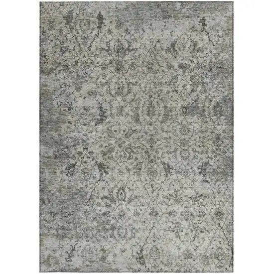 Beige And Gray Damask Washable Indoor Outdoor Area Rug Photo 2