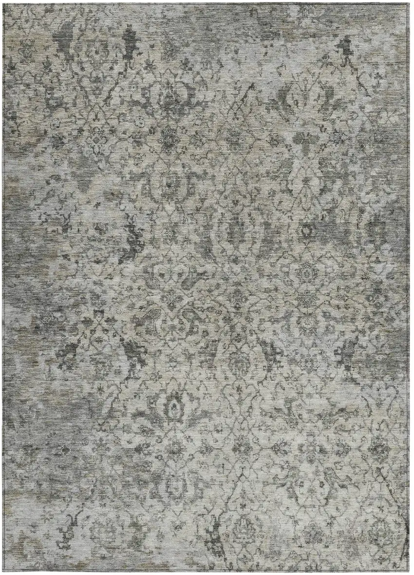 Beige And Gray Damask Washable Indoor Outdoor Area Rug Photo 2