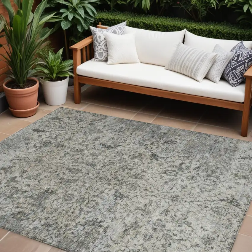 Beige And Gray Damask Washable Indoor Outdoor Area Rug Photo 1
