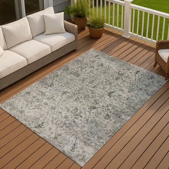 Beige And Gray Damask Washable Indoor Outdoor Area Rug Photo 3