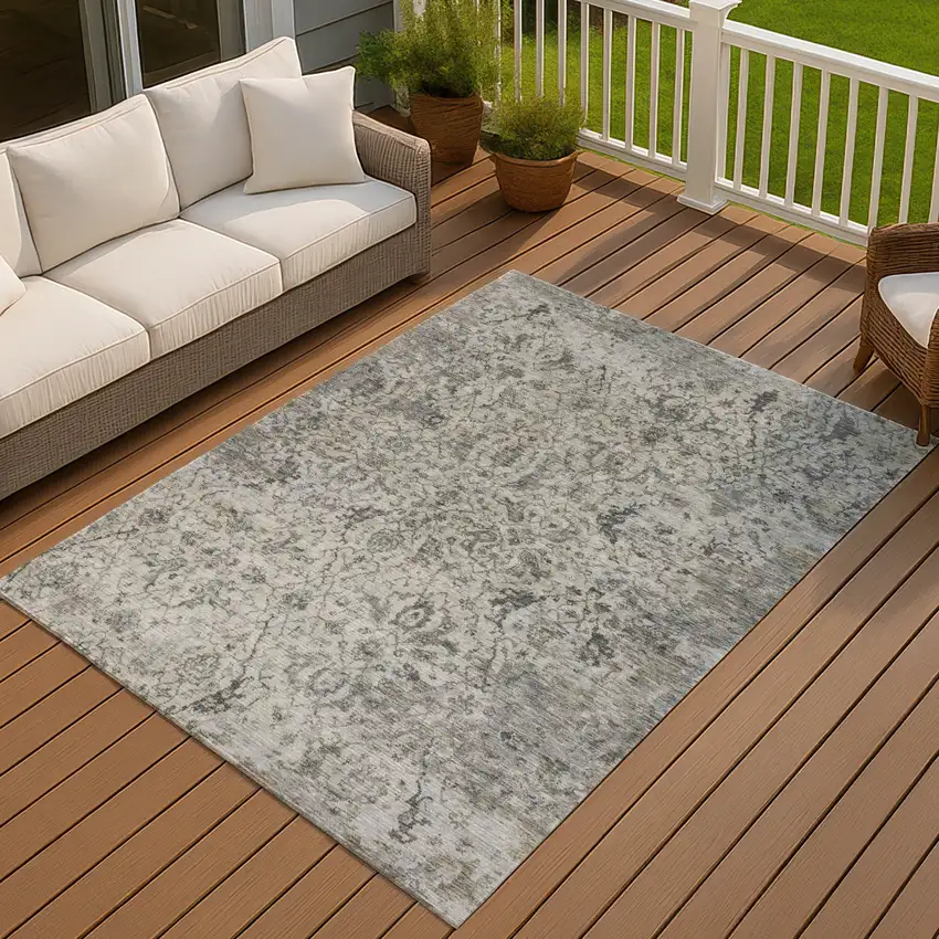 Beige And Gray Damask Washable Indoor Outdoor Area Rug Photo 3