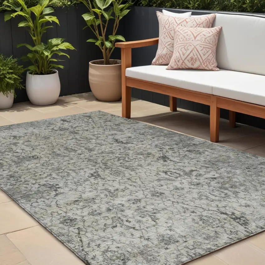 Beige And Gray Damask Washable Indoor Outdoor Area Rug Photo 1