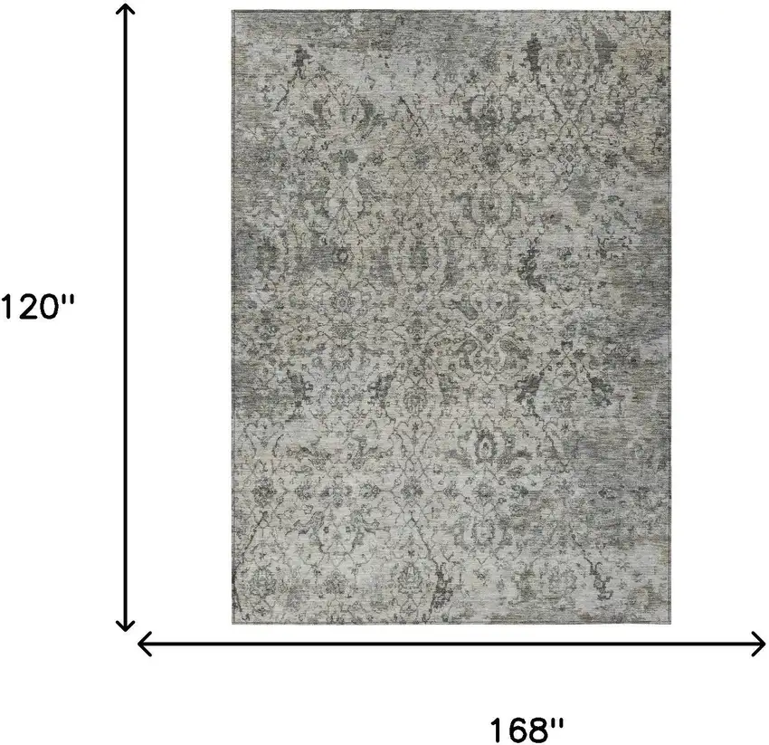 Beige And Gray Damask Washable Indoor Outdoor Area Rug Photo 3