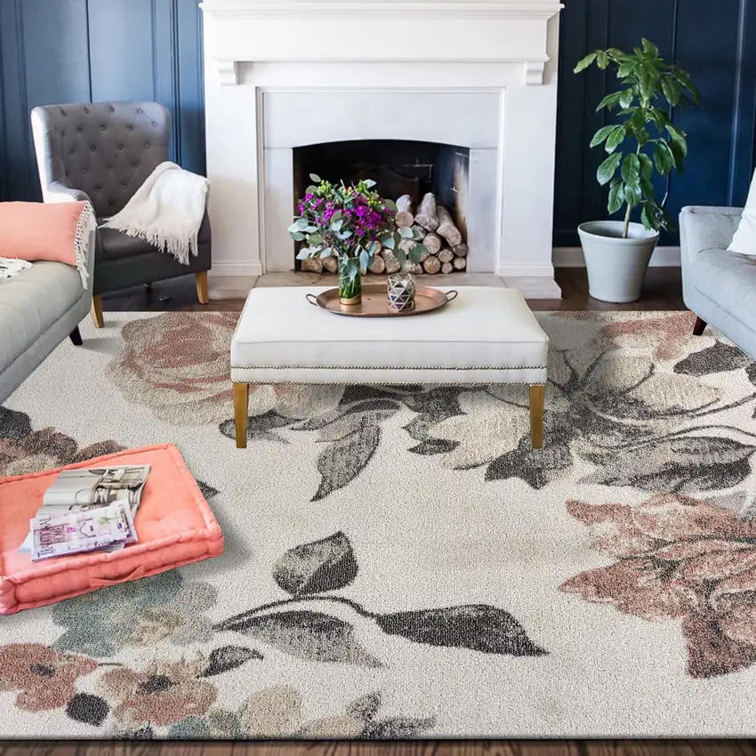 Beige And Gray Floral Area Rug Photo 4