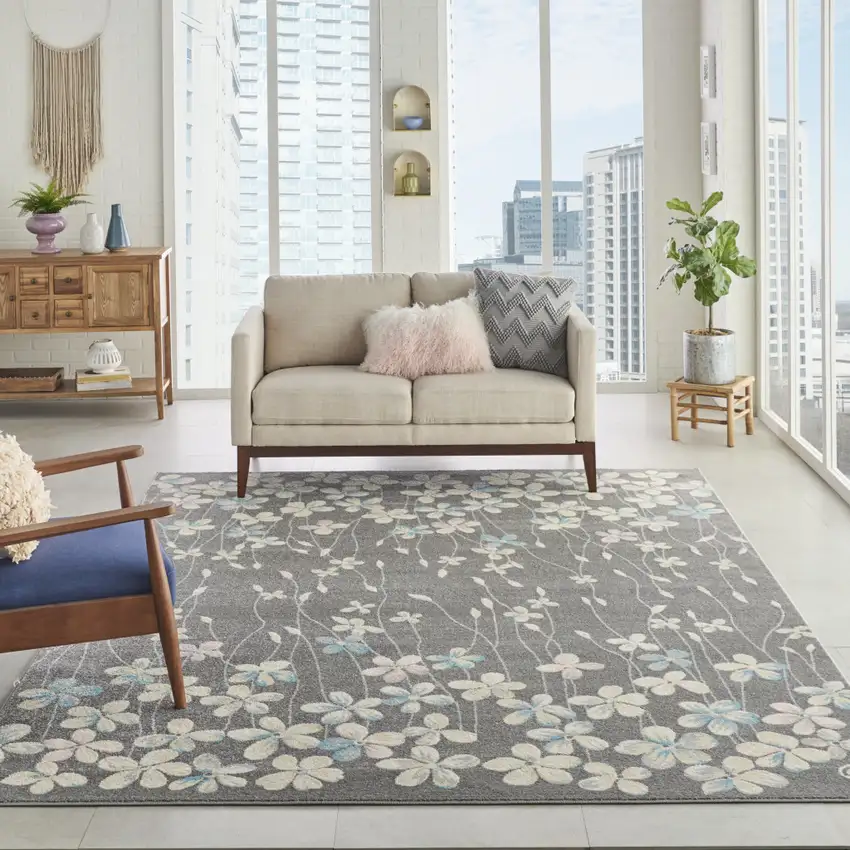 Beige And Gray Floral Area Rug Photo 3